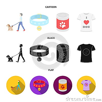 A man walks with a dog, a collar with a medal, food, a T-shirt I love dog.Dog set collection icons in cartoon,black,flat Vector Illustration