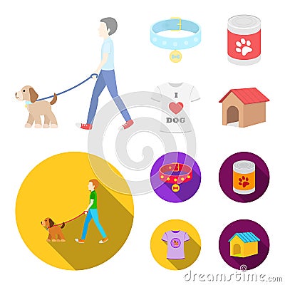 A man walks with a dog, a collar with a medal, food, a T-shirt I love dog.Dog set collection icons in cartoon,flat style Vector Illustration