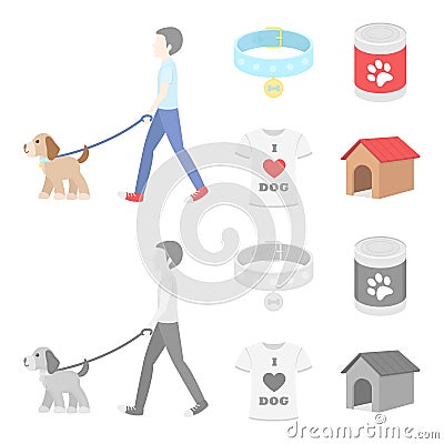 A man walks with a dog, a collar with a medal, food, a T-shirt I love dog.Dog set collection icons in cartoon,monochrome Vector Illustration