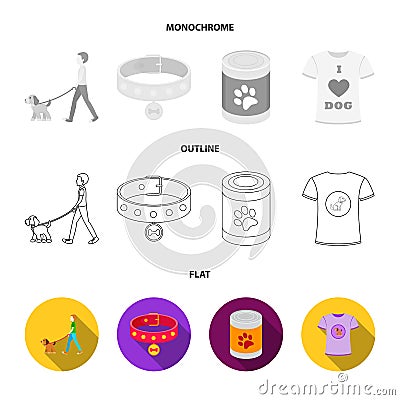 A man walks with a dog, a collar with a medal, food, a T-shirt I love dog.Dog set collection icons in flat,outline Vector Illustration