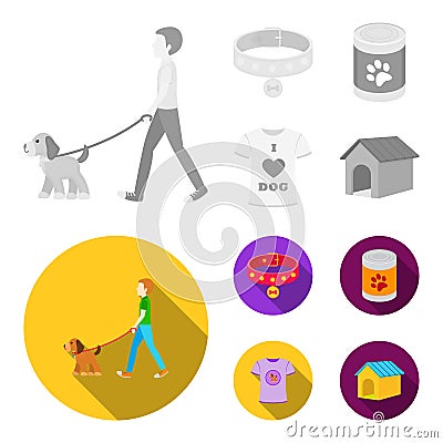 A man walks with a dog, a collar with a medal, food, a T-shirt I love dog.Dog set collection icons in monochrome,flat Vector Illustration