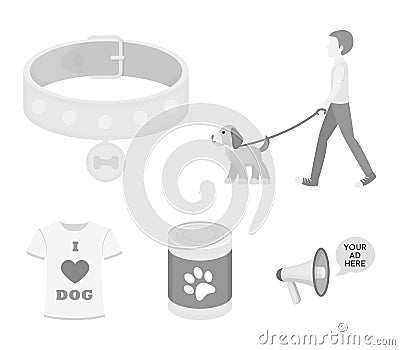 A man walks with a dog, a collar with a medal, food, a T-shirt I love dog.Dog set collection icons in monochrome style Vector Illustration