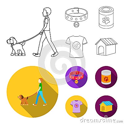 A man walks with a dog, a collar with a medal, food, a T-shirt I love dog.Dog set collection icons in outline,flat style Vector Illustration