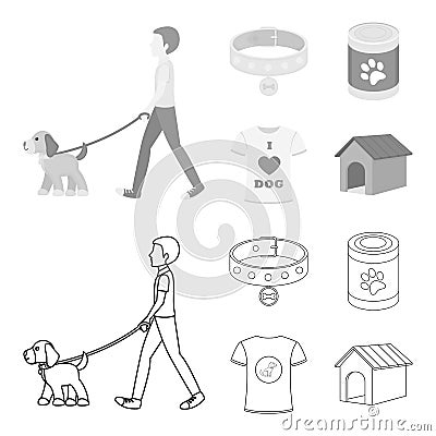A man walks with a dog, a collar with a medal, food, a T-shirt I love dog.Dog set collection icons in outline,monochrome Vector Illustration