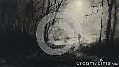 Dark And Moody Pencil Drawing Of A Wandering Man In The Mist Cartoon Illustration