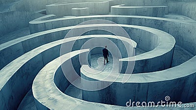 Man walks at endless concrete labyrinth alone, lost man searching for way out of surreal maze. Concept of problem, uncertainty, Cartoon Illustration