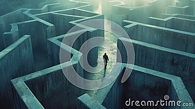 Man walks at endless concrete maze, lone man searching for way out of strange surreal labyrinth. Concept of problem, uncertainty, Cartoon Illustration