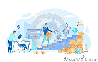 Man walks the stairs to victory, people work in the office. Business growth, Financial success, Planning, Investment, Teamwork, Wo Vector Illustration