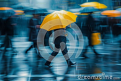 a man walks with a yellow umbrella, In the midst of a hurried, motion-blurred crowd Stock Photo