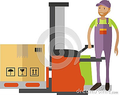 Man warehouse worker using lift for parcel stacking vector icon isolated on white Vector Illustration