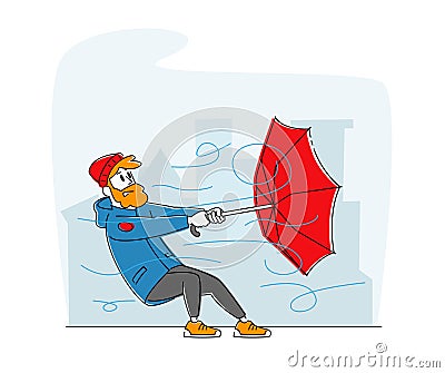 Man in Warm Clothes Holding Broken Umbrella Protecting from Hurricane. Male Character Fighting with Thunderstorm Vector Illustration
