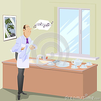 Man washes dishes. Funny people Vector Illustration