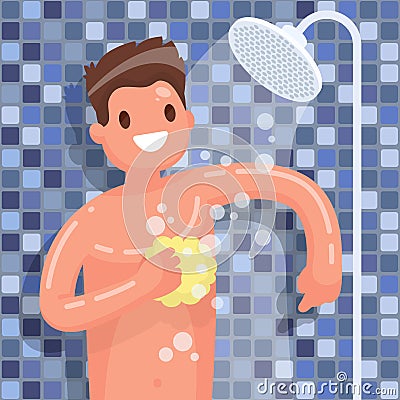 Man washes in the shower in the bathroom. Vector illustration in Cartoon Illustration
