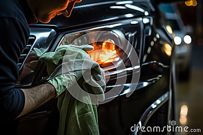 Man washing car headlight with rag closeup. Generate Ai Stock Photo