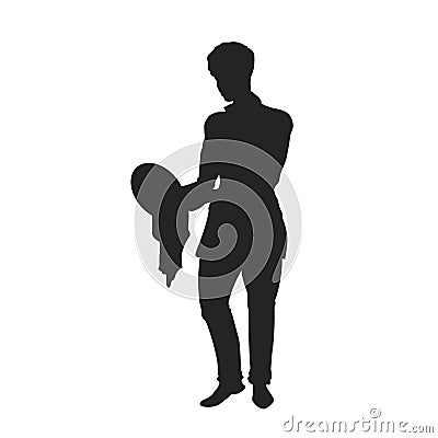 Man washing a dish. Isolated silhouette. Kitchen housework. Black drawing of boy cleaning plate Vector Illustration