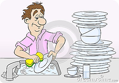 Man is washing up dishes Vector Illustration
