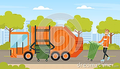 Man Waste Collector or Garbageman in Orange Uniform Collecting Municipal Solid Waste and Recyclables in Garbage Truck Vector Illustration