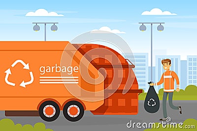 Man Waste Collector or Garbageman in Orange Uniform Collecting Municipal Solid Waste and Recyclables in Garbage Truck Vector Illustration