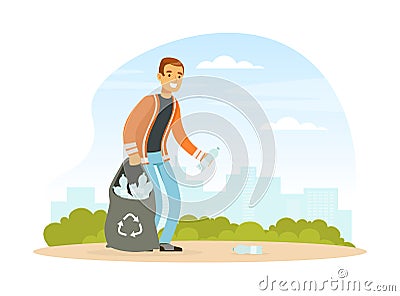 Man Waste Collector or Garbageman in Orange Uniform Collecting Plastic Bottle for Recycling Vector Illustration Vector Illustration