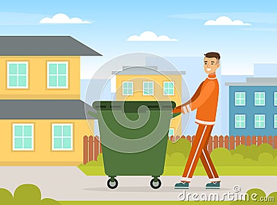 Man Waste Collector or Garbageman in Orange Uniform Pushing Dustbin with Municipal Solid Waste and Recyclables Vector Vector Illustration