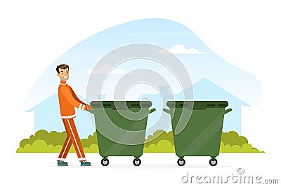 Man Waste Collector or Garbageman in Orange Uniform Pushing Dustbin with Municipal Solid Waste and Recyclables Vector Vector Illustration