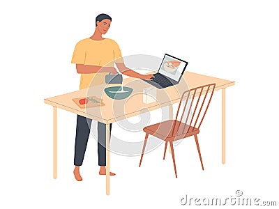 Man watches recipe how to cook food Vector Illustration