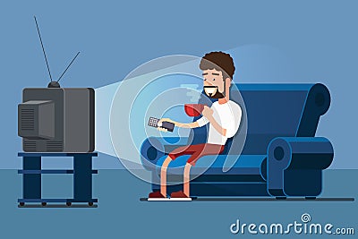 Man watches TV on sofa with coffee cup vector illustration Vector Illustration