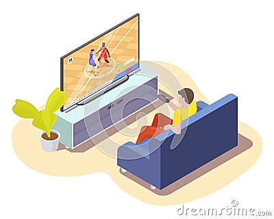 Man watching basketball match translation on tv sitting on sofa at home, flat vector isometric illustration. Vector Illustration