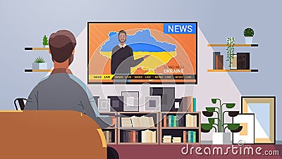 man watching live news on tv screen pray for Ukraine peace save Ukraine from russia stop war concept Vector Illustration