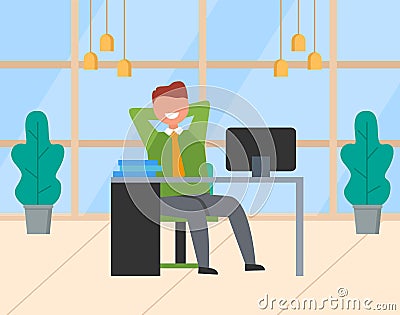 Man Watching in Monitor, Smiling Employee Vector Vector Illustration