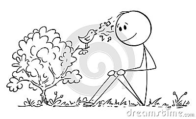 Man Watching Singing Bird , Vector Cartoon Stick Figure Illustration Vector Illustration