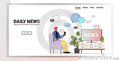 Man watching tv and discussing daily news in mobile chatting app chat bubble communication concept Vector Illustration