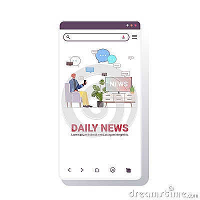 Man watching tv and discussing daily news in mobile chatting app chat bubble communication concept Vector Illustration