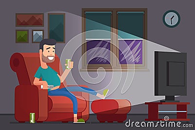 Man watching TV and drinking beer cartoon vector illustration Vector Illustration