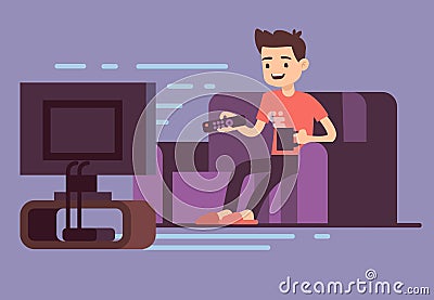 Man watching TV and drinking coffee on sofa in home room interior vector illustration Vector Illustration