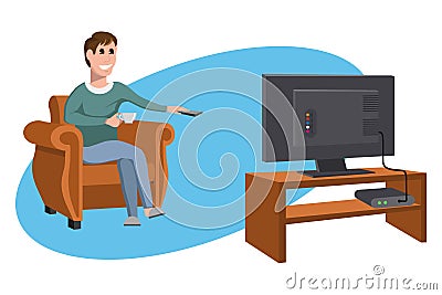 Man watching TV on sofa. Man with coffee cup. Evening watching television series. Interior of the room with TV and people sitting Vector Illustration