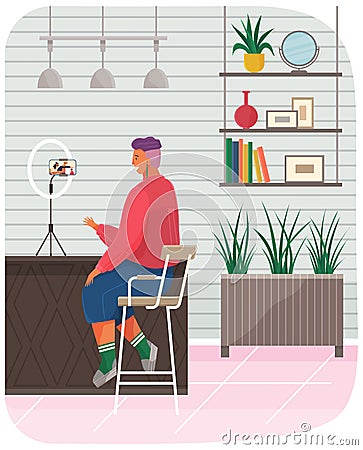 Man watching video, podcast, broadcast on smartphone screen. Virtual communication via Internet Vector Illustration