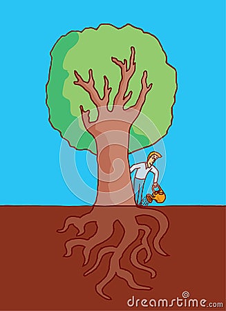 Man watering big tree with roots Vector Illustration