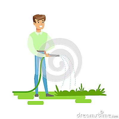 Man Watering Plants With Hose , Contributing Into Environment Preservation By Using Eco-Friendly Ways Illustration Vector Illustration