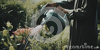 A man is watering water from a green watering can. Generative AI image. Stock Photo