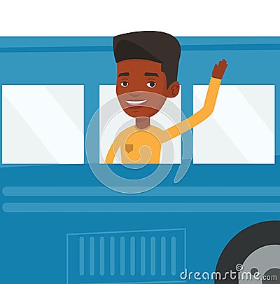 Man waving hand from bus window. Vector Illustration