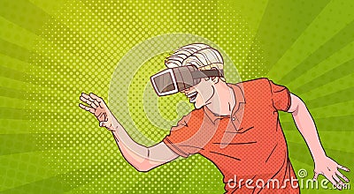 Man Wear Goggles 3d Glasses Virtual Reality Gesturing Pop Art Style Background Vector Illustration