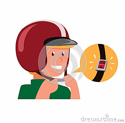 Man wear helmet with safety belt, instruction safety riding motorcycle cartoon flat illustration vector Vector Illustration