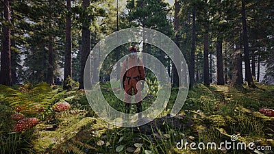 A man wear protective toxic mask in the jungle. Future earth environment pollution concept. 3d rendering Stock Photo