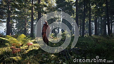 A man wear protective toxic mask in the jungle. Future earth environment pollution concept. 3d rendering Stock Photo