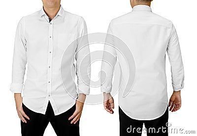 Man wear white long sleeve shirt, front and back view isolated on white Stock Photo