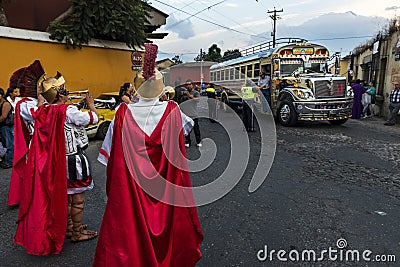 Man wearing ancient Roman military clothes in a procession during the Easter celebrations, in the Holy Week, in Antigua, Guatemala Editorial Stock Photo