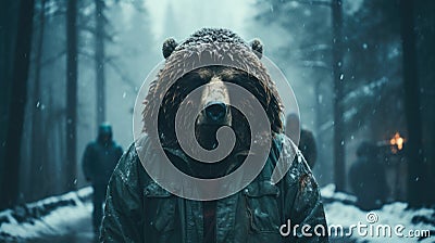 A man wearing a bear mask in a forest. Generative AI image. Stock Photo