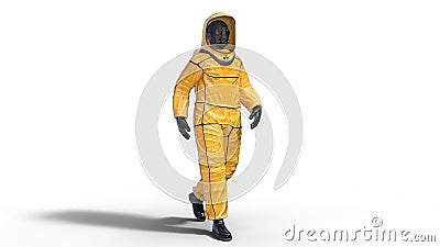 Man wearing biohazard protective outfit, human with gas mask dressed in hazmat suit for toxic and chemicals protection, 3D Stock Photo