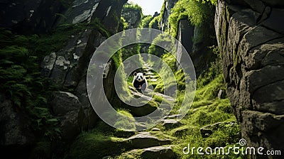 Surreal Panda Walking Among Lush Plants: A Captivating Nature-inspired Photograph Stock Photo